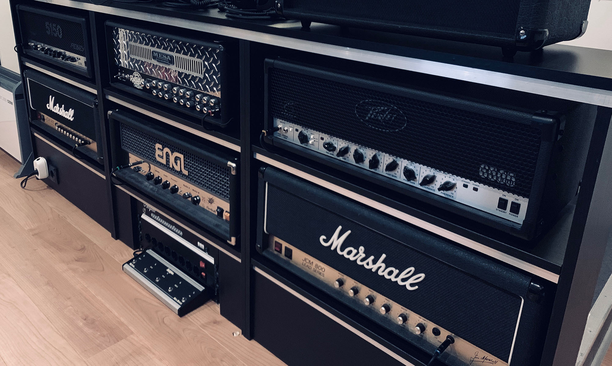 Guitar amp collection in the Toneshed control room